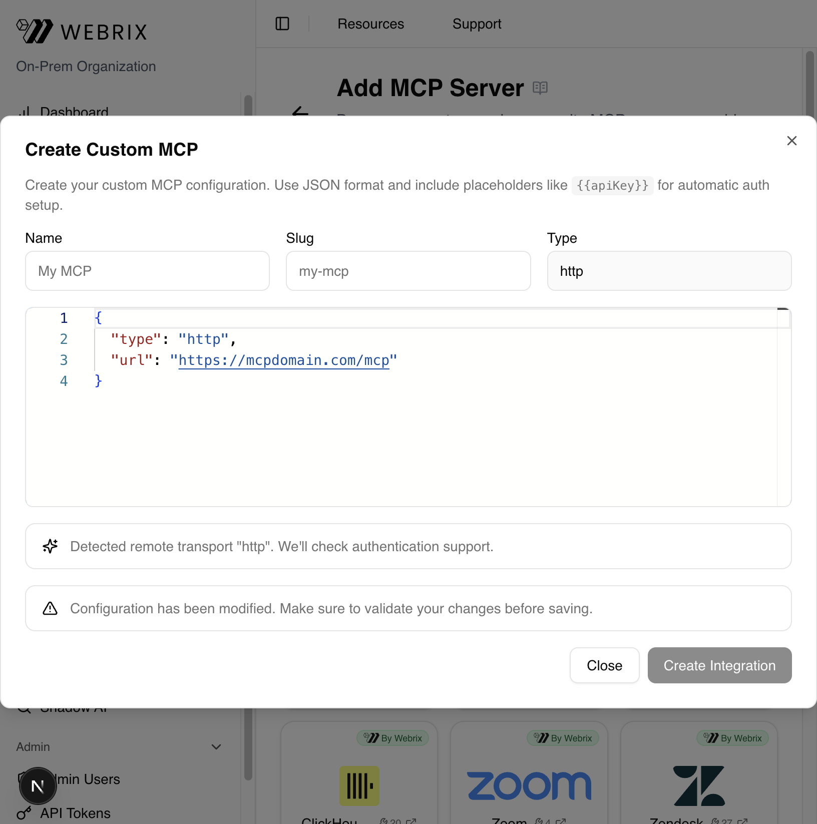 Create Custom MCP dialog