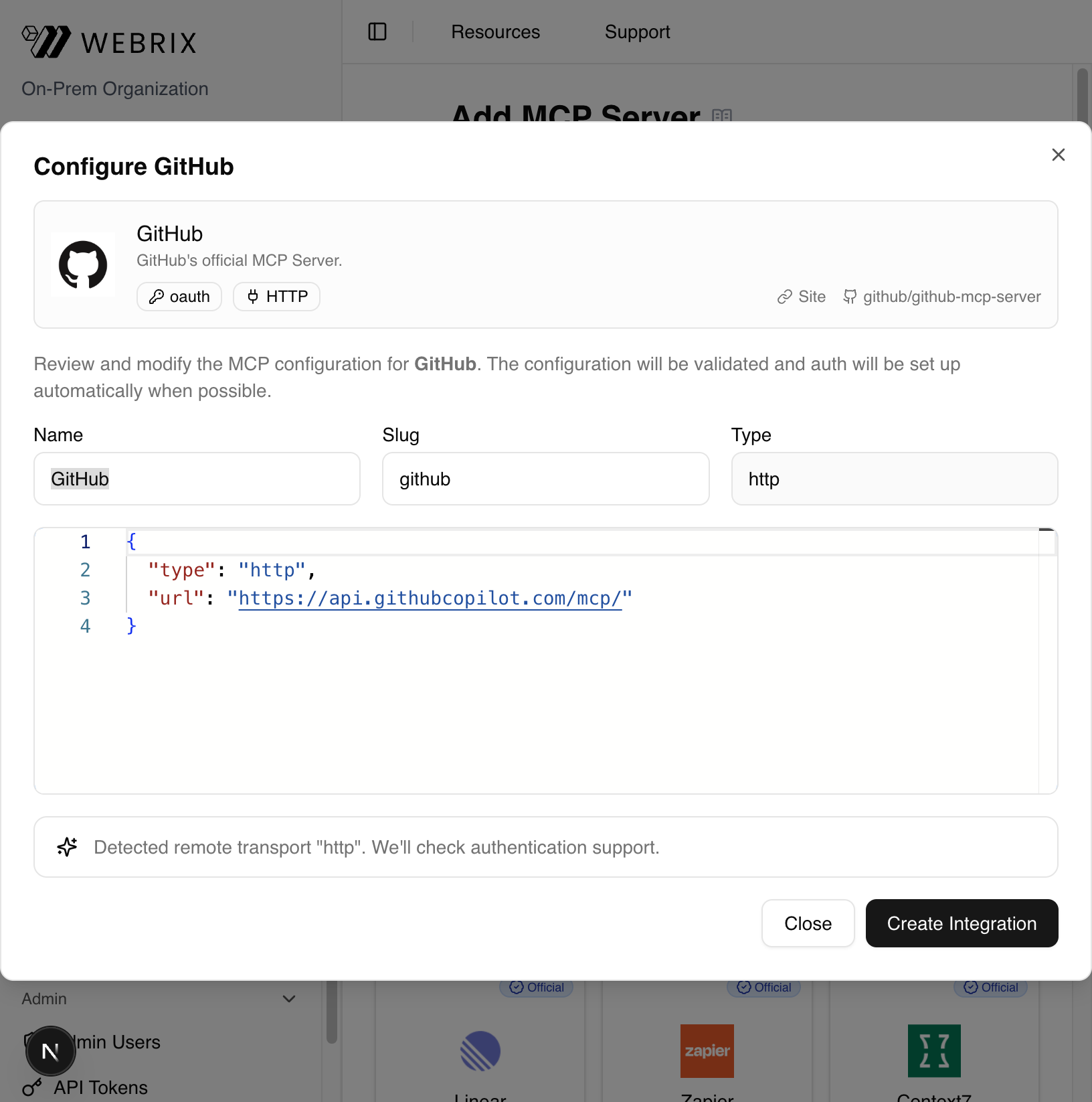 Configure GitHub dialog